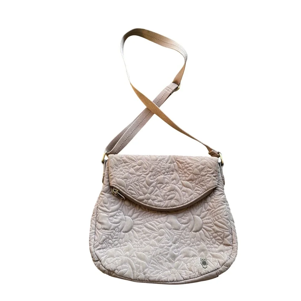 Sakroots Quilted Floral Crossbody Bag Mauve Taupe Adjustable Strap Owl Charm